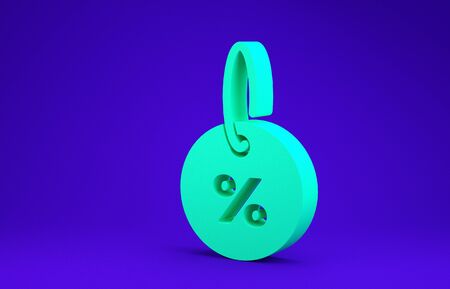 Green Discount percent tag icon isolated on blue background. Shopping tag sign. Special offer sign. Discount coupons symbol. Minimalism concept. 3d illustration 3D renderの写真素材