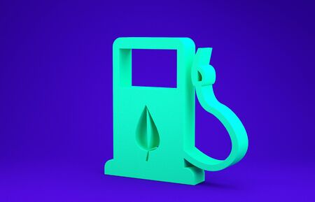 Green Bio fuel concept with fueling nozzle and leaf icon isolated on blue background. Gas station with leaves. Eco refueling. Minimalism concept. 3d illustration 3D renderの写真素材