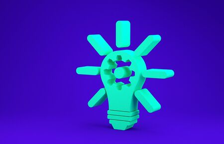Green Light bulb with rays shine and gear inside icon isolated on blue background. Innovation concept. Minimalism concept. 3d illustration 3D renderの写真素材