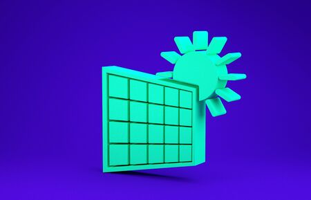 Green Solar energy panel and sun icon isolated on blue background. Minimalism concept. 3d illustration 3D renderの写真素材