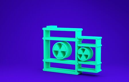 Green Radioactive waste in barrel icon isolated on blue background. Toxic refuse keg. Radioactive garbage emissions, environmental pollution. Minimalism concept. 3d illustration 3D renderの写真素材