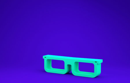 Green Glasses icon isolated on blue background. Eyeglass frame symbol. Minimalism concept. 3d...