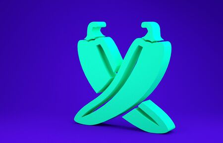 Green Crossed hot chili pepper pod icon isolated on blue background. Design for grocery, culinary products, seasoning and spice package. Minimalism concept. 3d illustration 3D renderの写真素材
