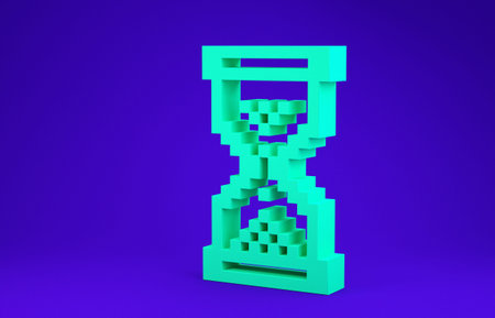 Green Hourglass pixel with flowing sand icon isolated on blue background. Sand clock sign. Business...