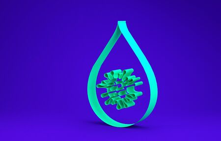 Green Dirty water drop icon isolated on blue background. Bacteria and germs, microorganism disease, cell cancer, microbe, virus, fungi. Minimalism concept. 3d illustration 3D renderの写真素材