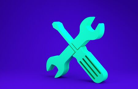 Green Crossed screwdriver and wrench tools icon isolated on blue background. Service tool symbol. Minimalism concept. 3d illustration 3D renderの写真素材