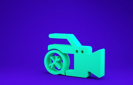 Green Video camera with screwdriver and wrench icon isolated on blue background. Adjusting, service, setting, maintenance, repair, fixing. Minimalism concept. 3d illustration 3D renderの写真素材