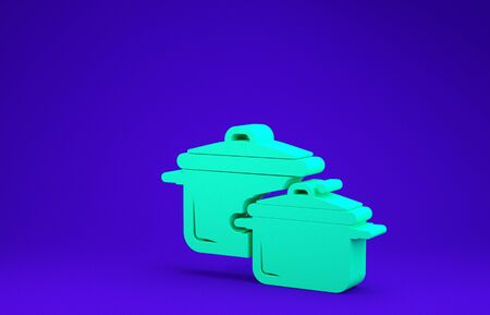Green Cooking pot icon isolated on blue background. Boil or stew food symbol. Minimalism concept. 3d illustration 3D renderの写真素材