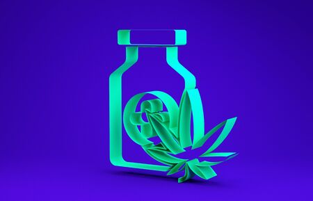 Green Medical bottle with marijuana or cannabis leaf icon isolated on blue background. Mock up of cannabis oil extracts in jars. Minimalism concept. 3d illustration 3D renderの写真素材