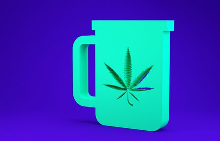 Green Cup tea with marijuana or cannabis leaf icon isolated on blue background. Marijuana legalization. Hemp symbol. Minimalism concept. 3d illustration 3D renderの写真素材