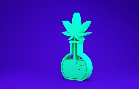 Green Chemical test tube with marijuana or cannabis leaf icon isolated on blue background. Research concept. Laboratory CBD oil concept. Minimalism concept. 3d illustration 3D renderの写真素材