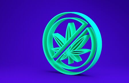 Green Stop marijuana or cannabis leaf icon isolated on blue background. No smoking marijuana. Hemp symbol. Minimalism concept. 3d illustration 3D renderの写真素材