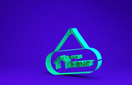 Green Hanging sign with text For Rent icon isolated on blue background. Signboard with text For Rent. Minimalism concept. 3d illustration 3D renderの写真素材