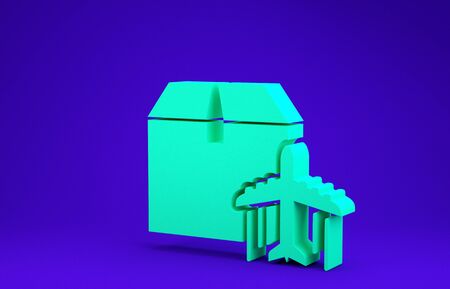 Green Plane and cardboard box icon isolated on blue background. Delivery, transportation. Cargo delivery by air. Airplane with parcels, boxes. Minimalism concept. 3d illustration 3D renderの写真素材