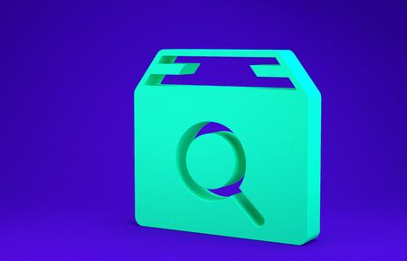Green Search package icon isolated on blue background. Parcel tracking symbol. Magnifying glass and cardboard box. Logistic and delivery. Minimalism concept. 3d illustration 3D renderの写真素材
