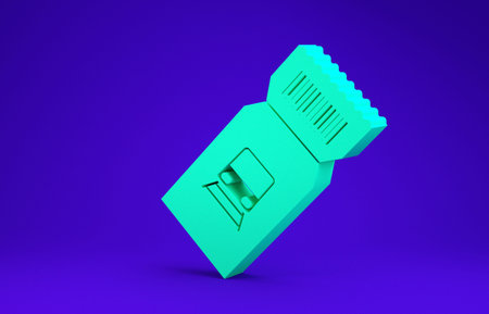 Green Train ticket icon isolated on blue background. Travel by railway. Minimalism concept. 3d...
