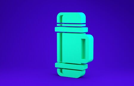 Green flask container icon isolated on blue background. Thermo flask icon. Camping and hiking equipment. Minimalism concept. 3d illustration 3D renderの写真素材