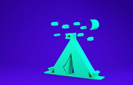 Green Tourist tent with flag icon isolated on blue background. Camping symbol. Minimalism concept. 3d illustration 3D renderの写真素材