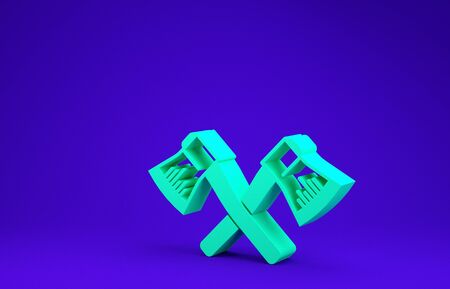 Green Crossed wooden axe icon isolated on blue background. Lumberjack axe. Minimalism concept. 3d illustration 3D renderの写真素材