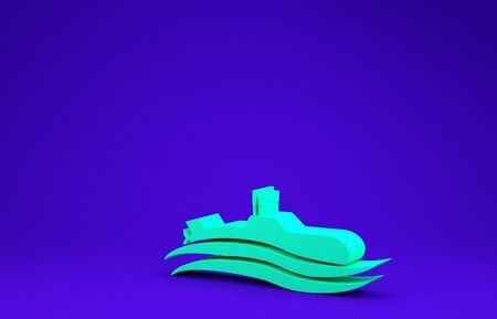 Green Submarine icon isolated on blue background. Military ship. Minimalism concept. 3d illustration 3D renderの写真素材