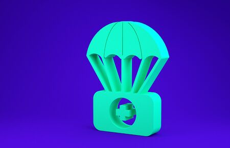 Green Parachute with first aid kit icon isolated on blue background. Medical insurance. Minimalism concept. 3d illustration 3D renderの写真素材