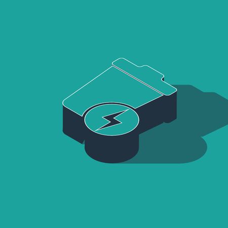 Isometric Lightning with trash can icon isolated on green background. Waste to energy. Garbage bin sign. Recycle basket sign. Vector Illustrationのイラスト素材