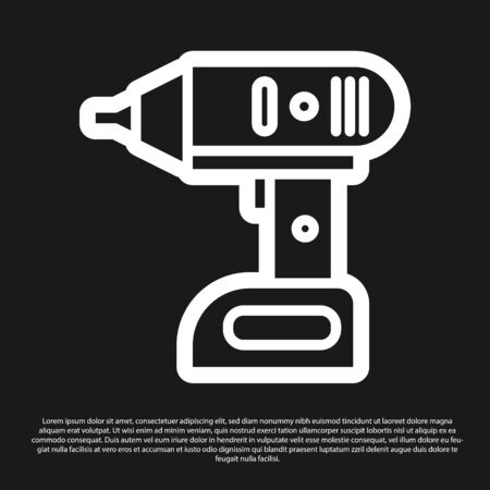 Black Electric cordless screwdriver icon isolated on black background. Electric drill machine. Repair tool. Vector Illustrationのイラスト素材