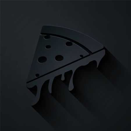 Paper cut Slice of pizza icon isolated on black background. Paper art style. Vector Illustrationのイラスト素材