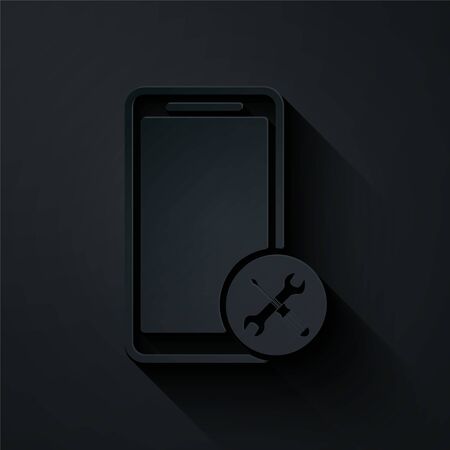 Paper cut Smartphone with screwdriver and wrench icon isolated on black background. Adjusting, service, setting, maintenance, repair, fixing. Paper art style. Vector Illustrationのイラスト素材