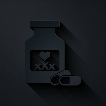 Paper cut Medicine bottle with pills for potency, aphrodisiac icon isolated on black background. Sex pills for men and women. Paper art style. Vector Illustrationのイラスト素材