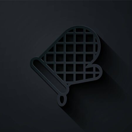 Paper cut Oven glove icon isolated on black background. Kitchen potholder sign. Cooking glove. Paper art style. Vector Illustrationのイラスト素材
