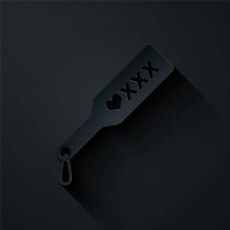 Paper cut Spanking paddle icon isolated on black background. Fetish accessory. Sex toy for adult. Paper art style. Vector Illustrationのイラスト素材