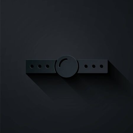 Paper cut Silicone ball gag with a leather belt icon isolated on black background. Fetish accessory. Sex toy for men and woman. Paper art style. Vector Illustrationのイラスト素材