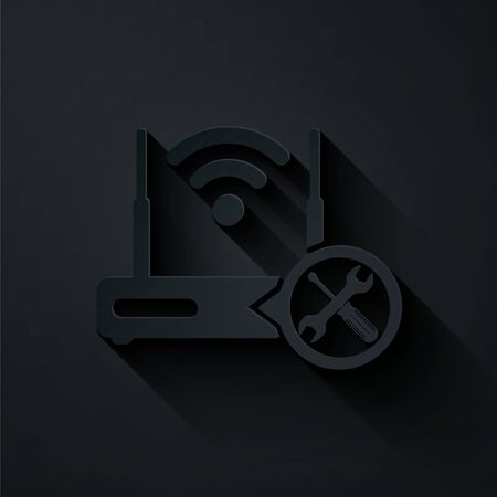 Paper cut Router with screwdriver and wrench icon isolated on black background. Adjusting, service, setting, maintenance, repair, fixing. Paper art style. Vector Illustrationのイラスト素材