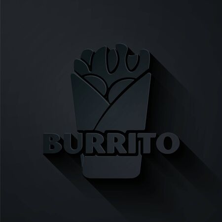 Paper cut Burrito icon isolated on black background. Traditional mexican fast food. Paper art style. Vector Illustrationのイラスト素材