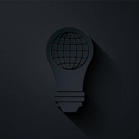 Paper cut Light bulb with inside world globe icon isolated on black background. Planet Earth on the lamp. Global ecology concept. Paper art style. Vector Illustrationのイラスト素材