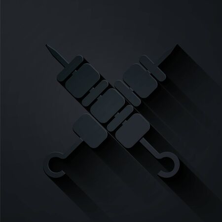 Paper cut Crossed grilled shish kebab on skewers stick icon isolated on black background. Meat kebab on skewers stick. Picnic with grill meat. Paper art style. Vector Illustrationのイラスト素材