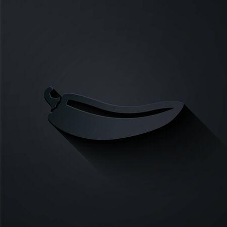 Paper cut Hot chili pepper pod icon isolated on black background. Design for grocery, culinary products, seasoning and spice package, cooking book. Paper art style. Vector Illustrationのイラスト素材