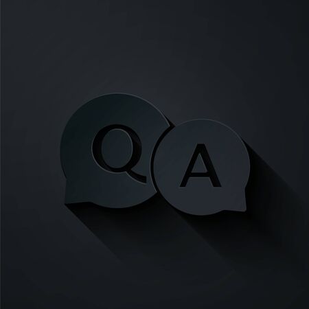 Paper cut Speech bubbles with Question and Answer icon isolated on black background. Q and A symbol. FAQ sign. Chat speech bubble and chart. Paper art style. Vector Illustrationのイラスト素材