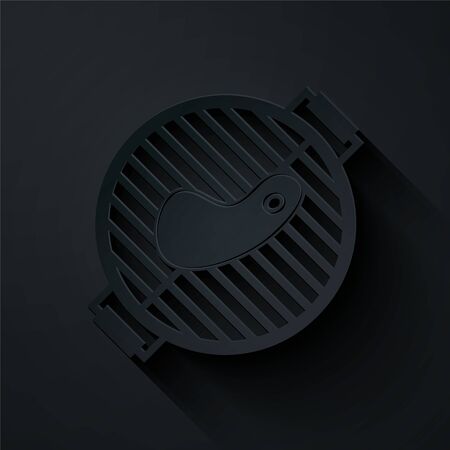 Paper cut Barbecue grill with steak icon isolated on black background. BBQ grill party. Paper art style. Vector Illustrationのイラスト素材