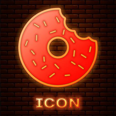 Glowing neon Donut with sweet glaze icon isolated on brick wall background. Vector Illustrationのイラスト素材