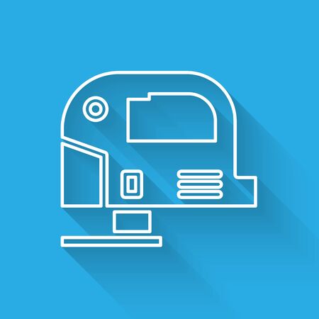 White line Electric jigsaw with steel sharp blade icon isolated with long shadow. Power tool for woodwork. Vector Illustrationのイラスト素材