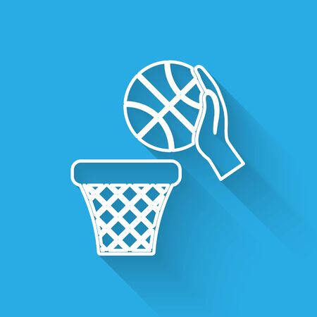 White line Hand with basketball ball and basket icon isolated with long shadow. Ball in basketball hoop. Vector Illustrationのイラスト素材