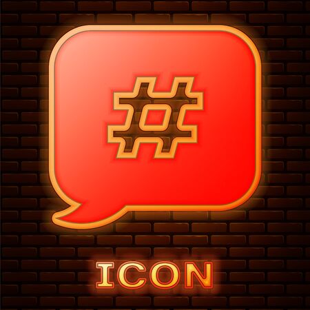 Glowing neon Hashtag speech bubble icon isolated on brick wall background. Concept of number sign, social media marketing, micro blogging. Vector Illustrationのイラスト素材
