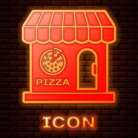 Glowing neon Pizzeria building facade icon isolated on brick wall background. Fast food pizzeria kiosk. Vector Illustrationのイラスト素材