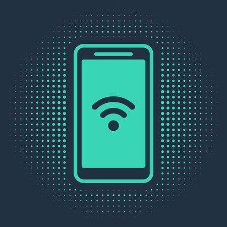 Green Smartphone with free wi-fi wireless connection icon isolated on blue background. Wireless technology, wi-fi connection, wireless network. Abstract circle random dots. Vector Illustrationのイラスト素材