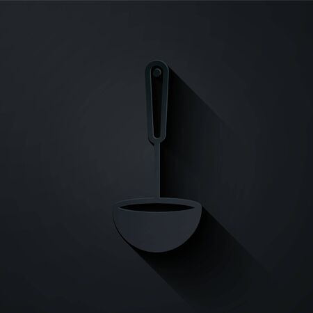 Paper cut Kitchen ladle icon isolated on black background. Cooking utensil. Cutlery spoon sign. Paper art style. Vector Illustrationのイラスト素材