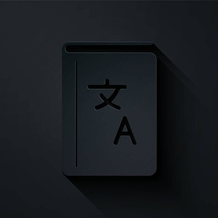 Paper cut Translator book icon isolated on black background. Foreign language conversation icons in chat speech bubble. Translating concept. Paper art style. Vector Illustrationのイラスト素材