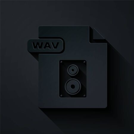Paper cut WAV file document. Download wav button icon isolated on black background. WAV waveform audio file format for digital audio riff files. Paper art style. Vector Illustrationのイラスト素材