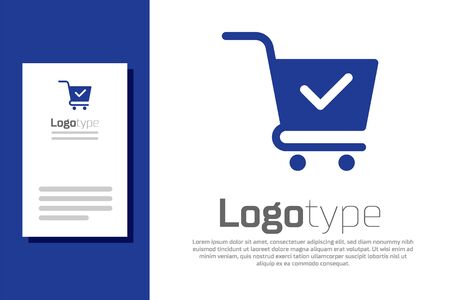 Blue Shopping cart with check mark icon isolated on white background. Supermarket basket with approved, confirm, done, tick, completed symbol.のイラスト素材